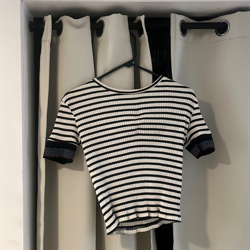 Zara Navy and White Shirt with Embellished Sleeves